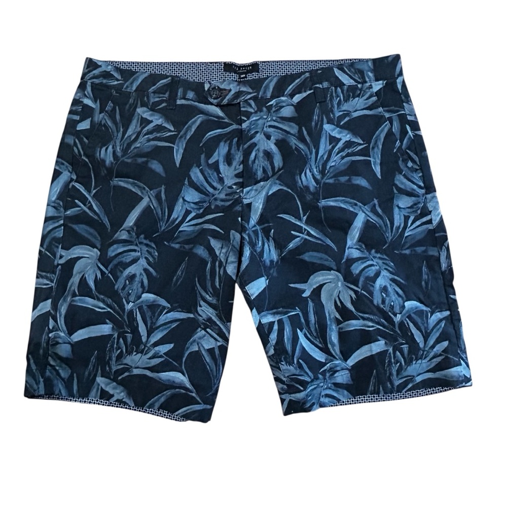 Ted Baker London Chino Shorts Leaf Print Navy and Green/Gray Flat Front Sz 36R